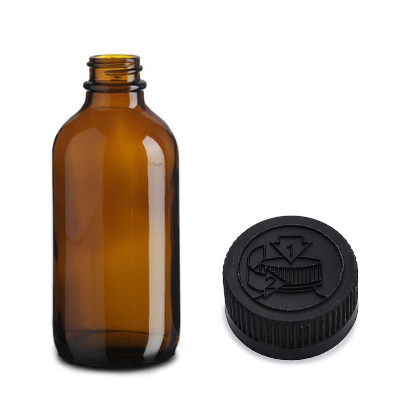 230ml Amber Glass Boston Bottle with Child Resistant Black Plastic Cap